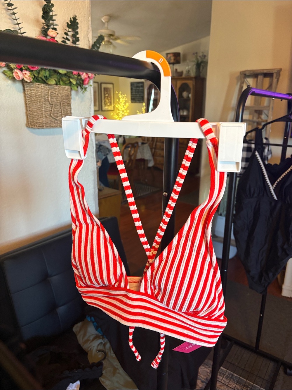 Xhilaration Red and White Striped Triangle Bikini Top with Crisscross Straps